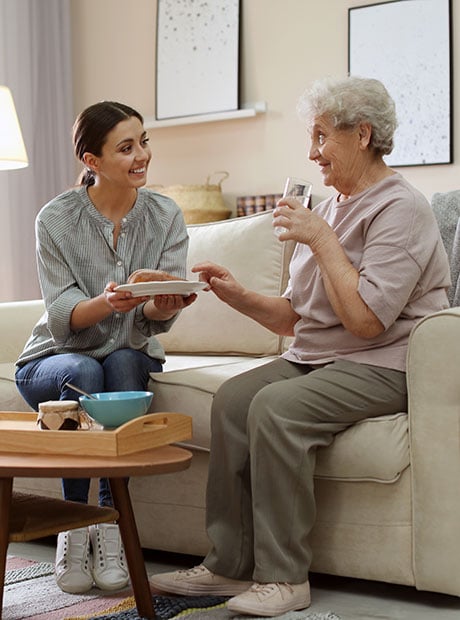 Young woman serving dinner for elderly woman in living room